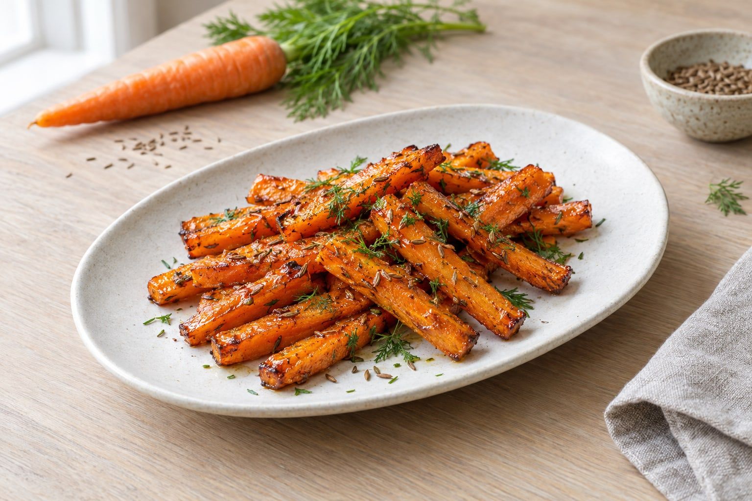 Morötter i airfryer, glaserade morotsstavar med karamelliserade kanter och dill på ett fat