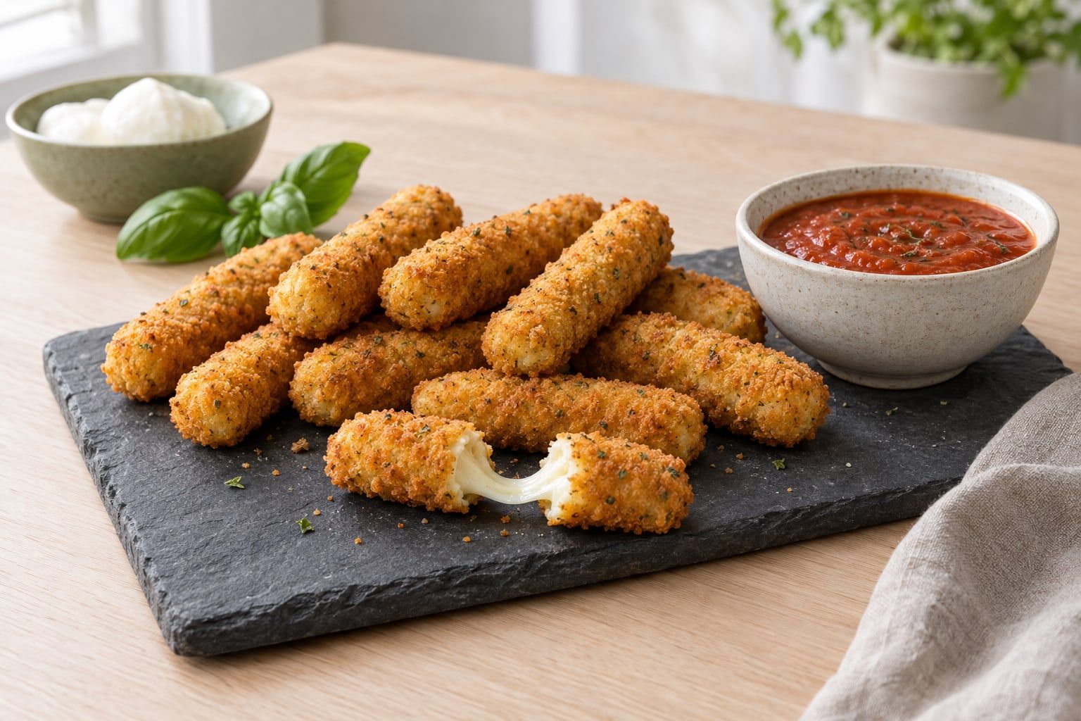 Mozzarella sticks i airfryer, gyllene panerade stavar där en är delad och visar smält ost, med tomatsås