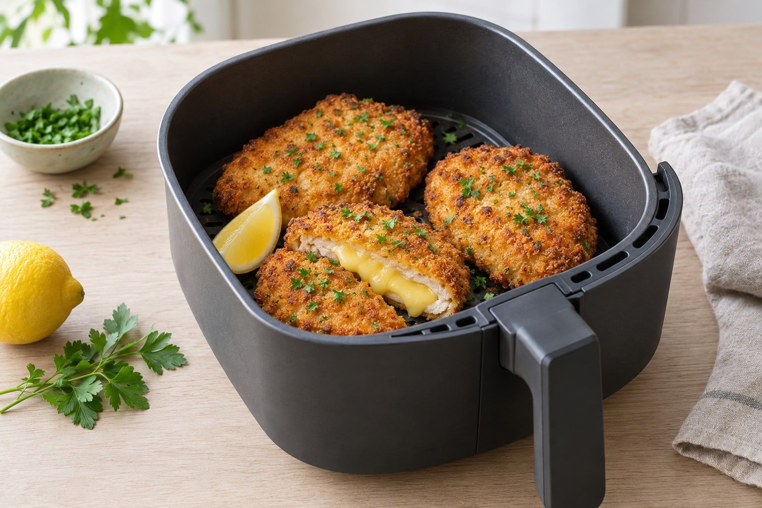 Ostschnitzel i airfryer, gyllene och paneradt med smält ost i mitten, i en mörkgrå airfryerkorg