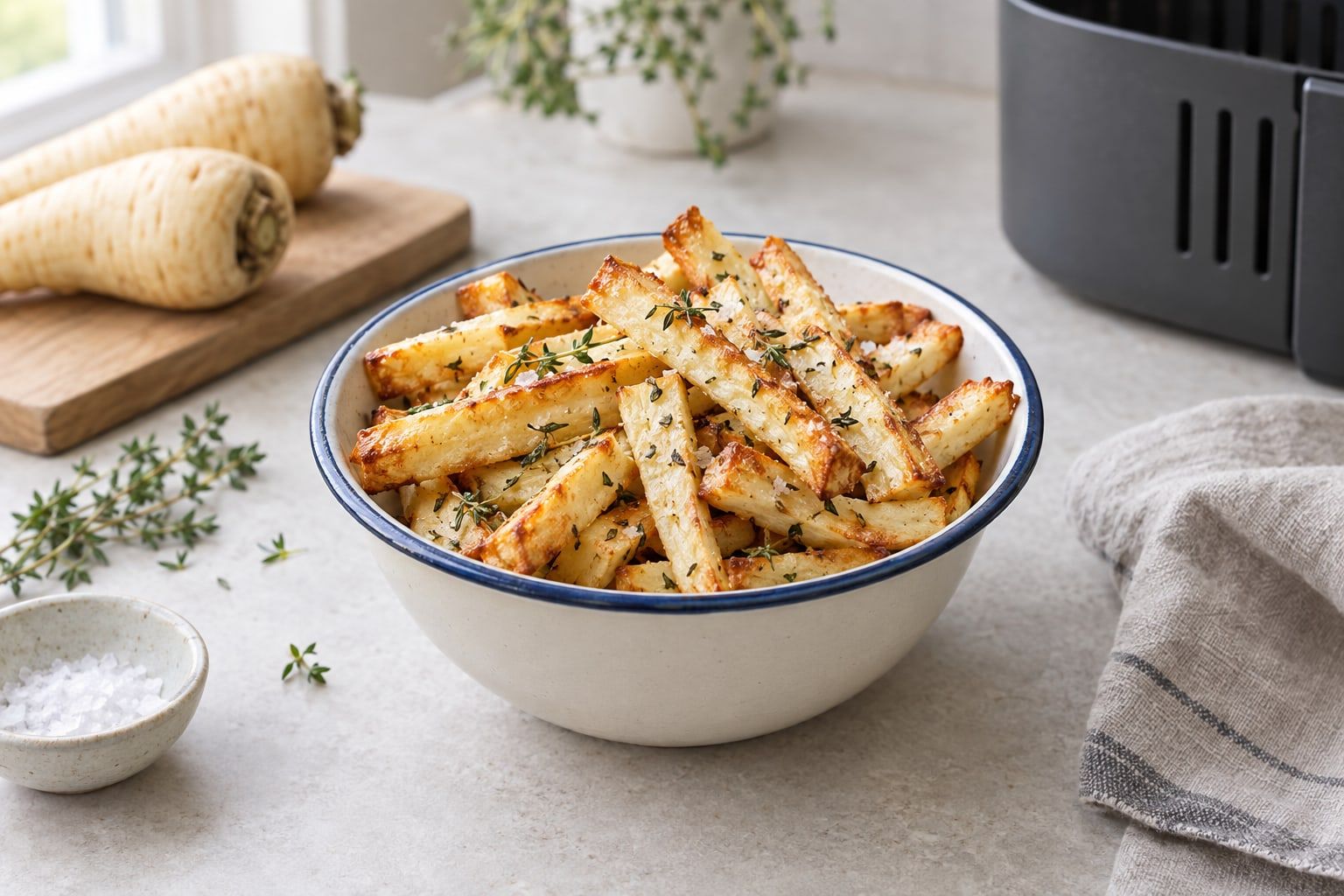 Palsternacka i airfryer, gyllene palsternacksstavar med timjan och flingsalt i en emaljskål