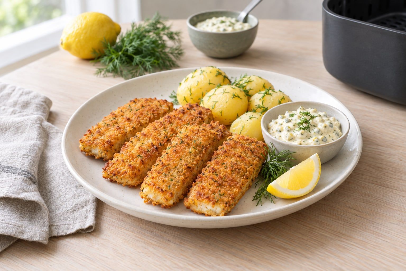 Panerad fisk i airfryer, fyra gyllene filéer på ett fat med kokt potatis, remouladsås och citron