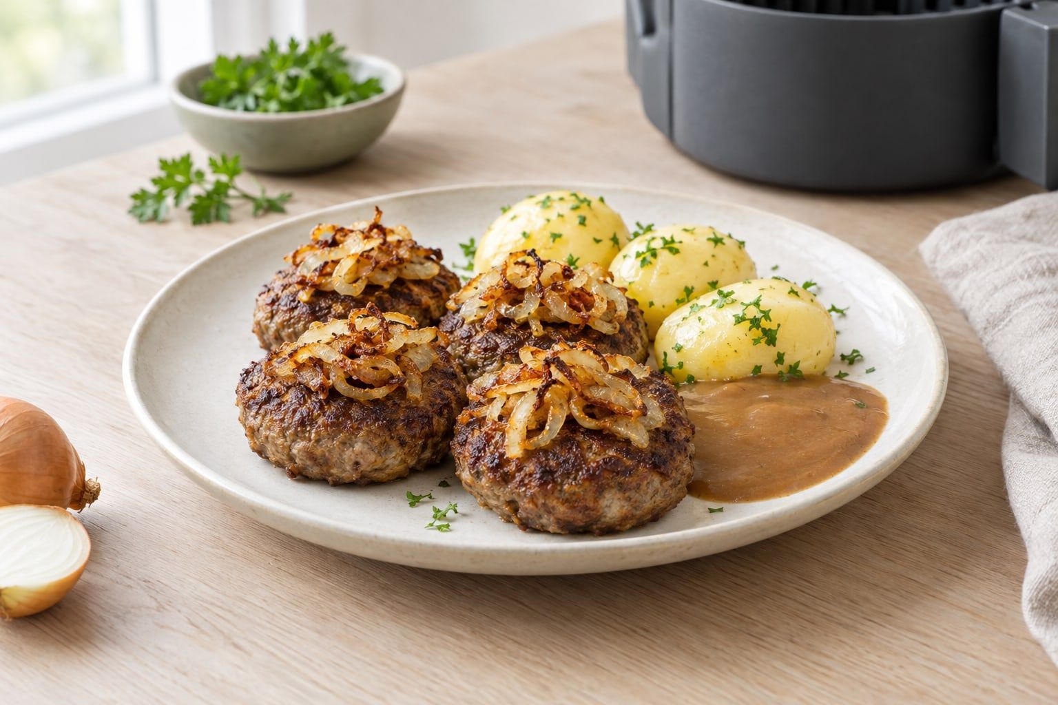 Pannbiff i airfryer, tjocka runda biffar med mjuk stekt lök och kokt potatis på ett vitt fat