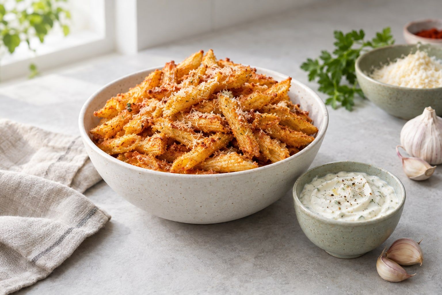 Pasta i airfryer, krispiga gyllene pastachips av penne med riven ost i en skål med dipp bredvid