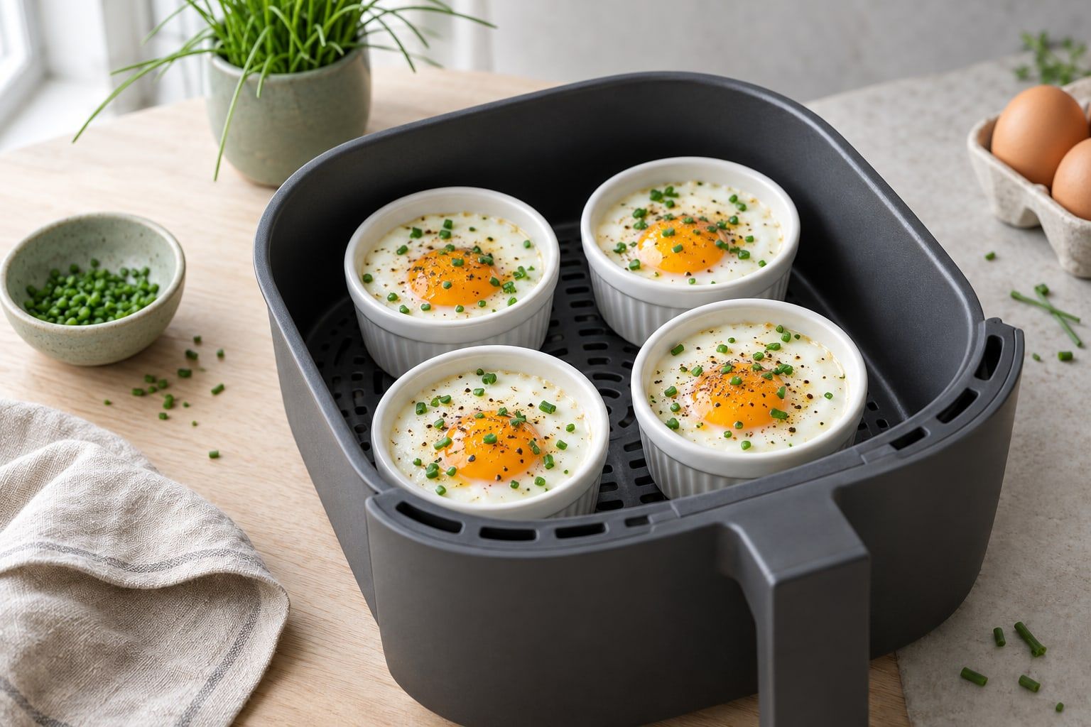 Pocherade ägg i airfryer, fyra ägg med mjuk gula i små formar i en mörkgrå korg