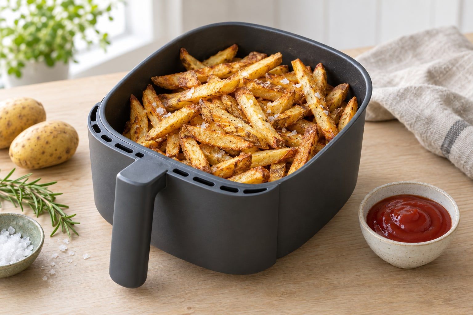 Pommes i airfryer, gyllene hemmagjorda pommes i en korg med salt på