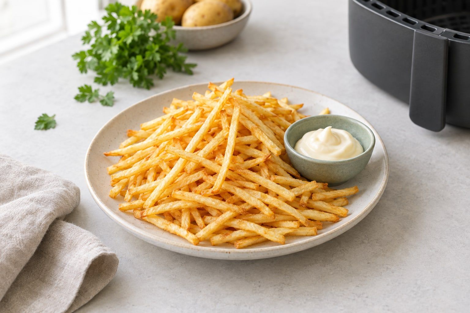 Pommes strips i airfryer, tunna gyllene strips på ett vitt fat med en liten skål dipp