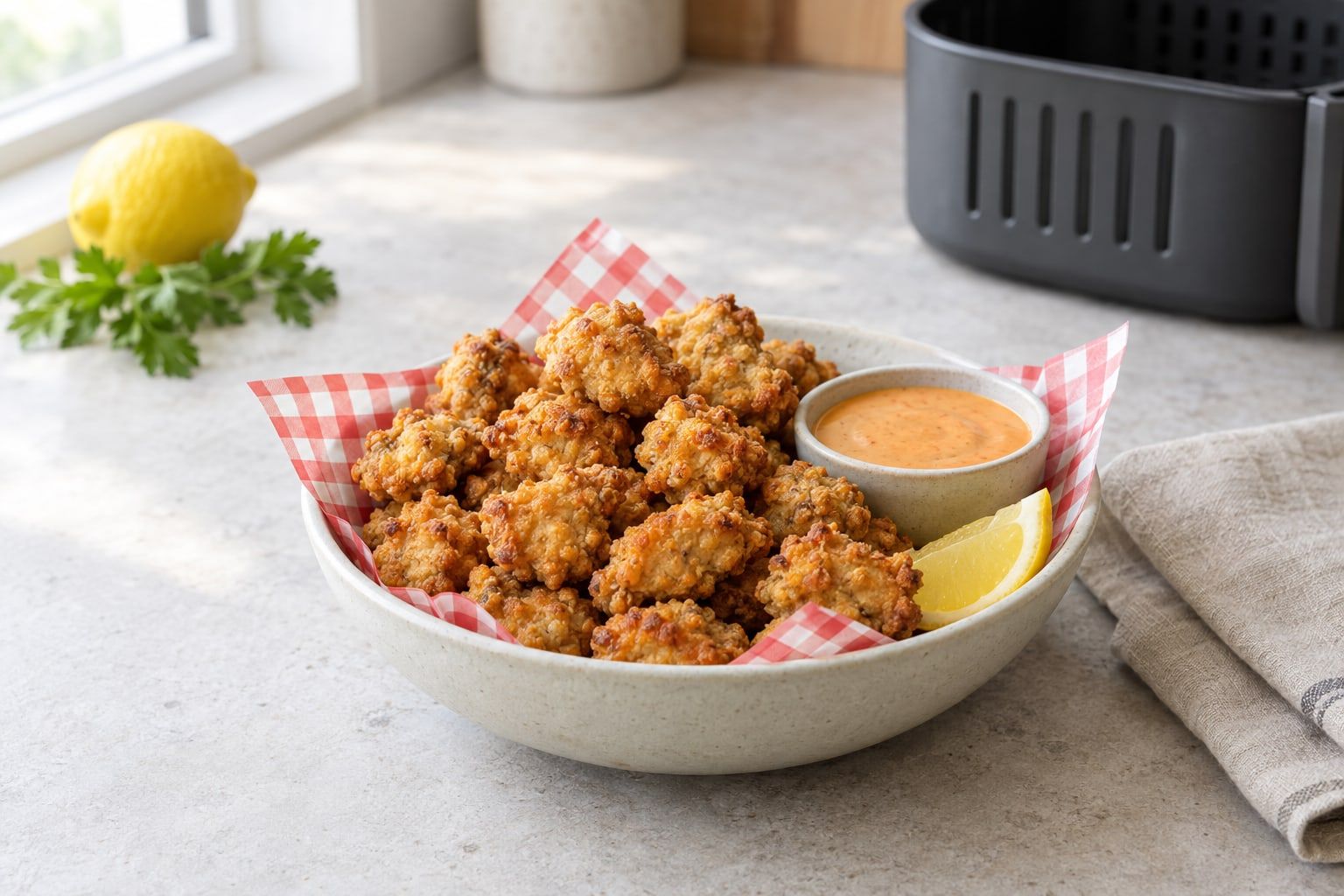 Popcorn chicken i airfryer, små gyllene kycklingbitar med knaprig, ojämn yta i en skål med dippsås och citronklyfta
