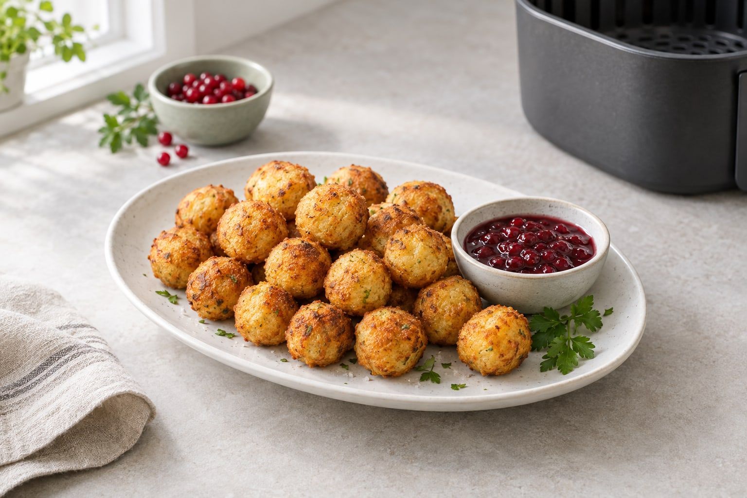 Potatisbullar i airfryer, små gyllene runda bullar på ett vitt fat med lingonsylt