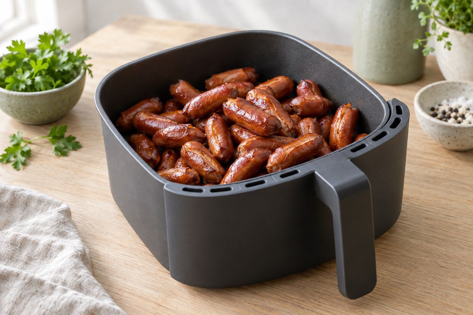 Prinskorv i airfryer, bruna och lätt sprickiga korvar i airfryerkorgen