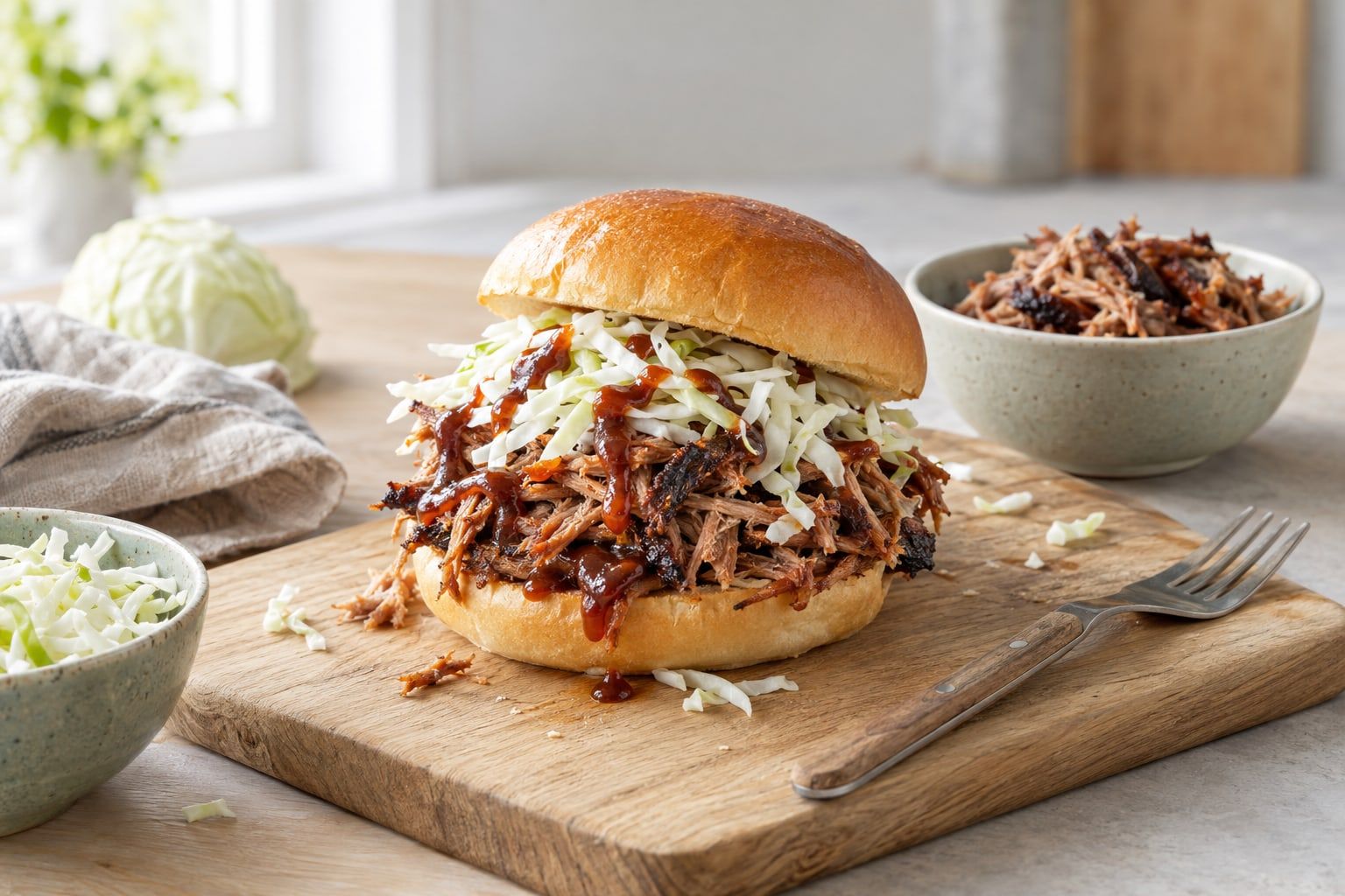 Pulled pork i airfryer, rivet fläsk med mörk skorpa i ett hamburgerbröd med vitkål och bbq-sås
