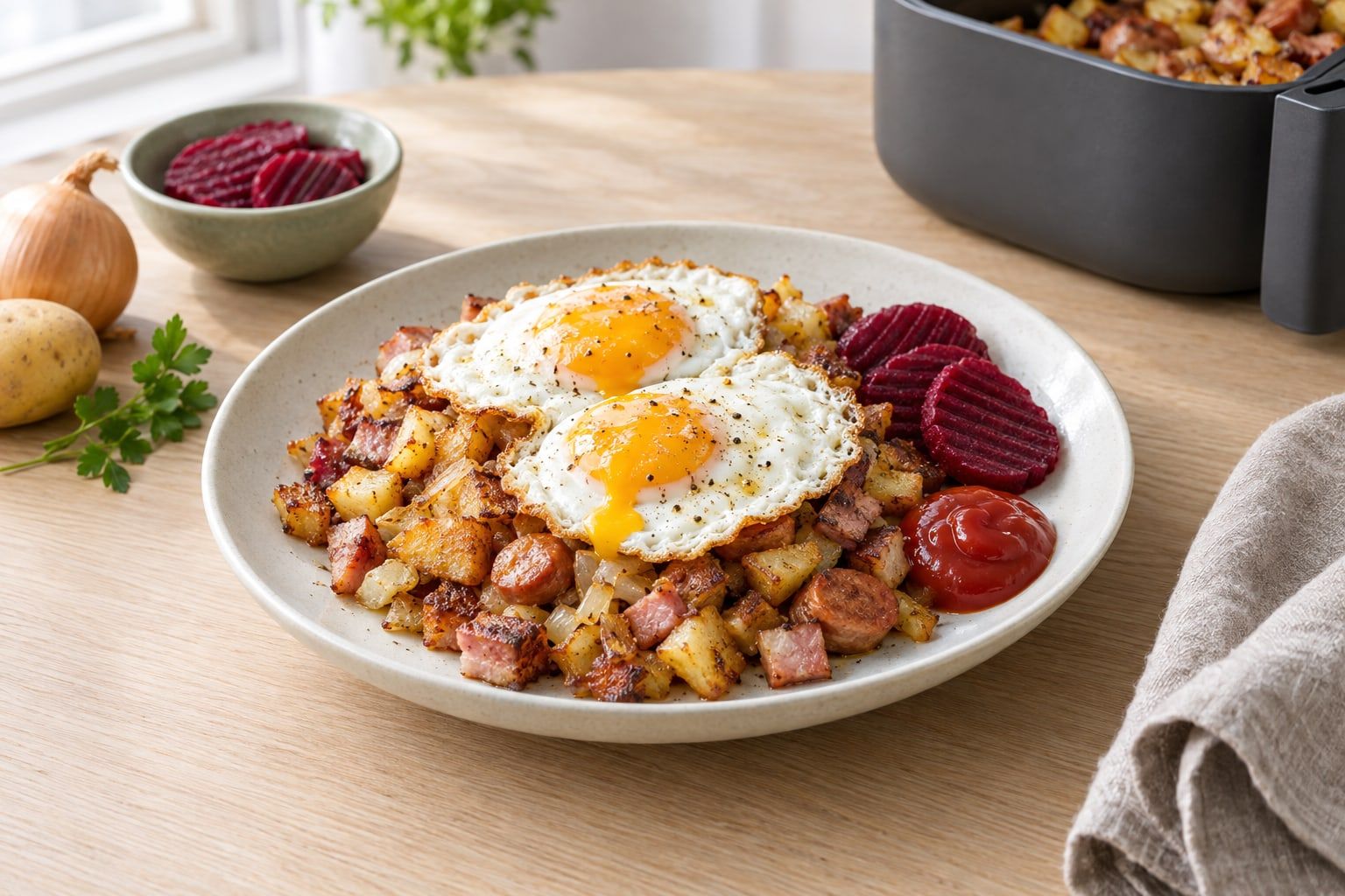 Pyttipanna i airfryer, gyllene tärnad potatis med stekta ägg och skivad rödbeta på en tallrik