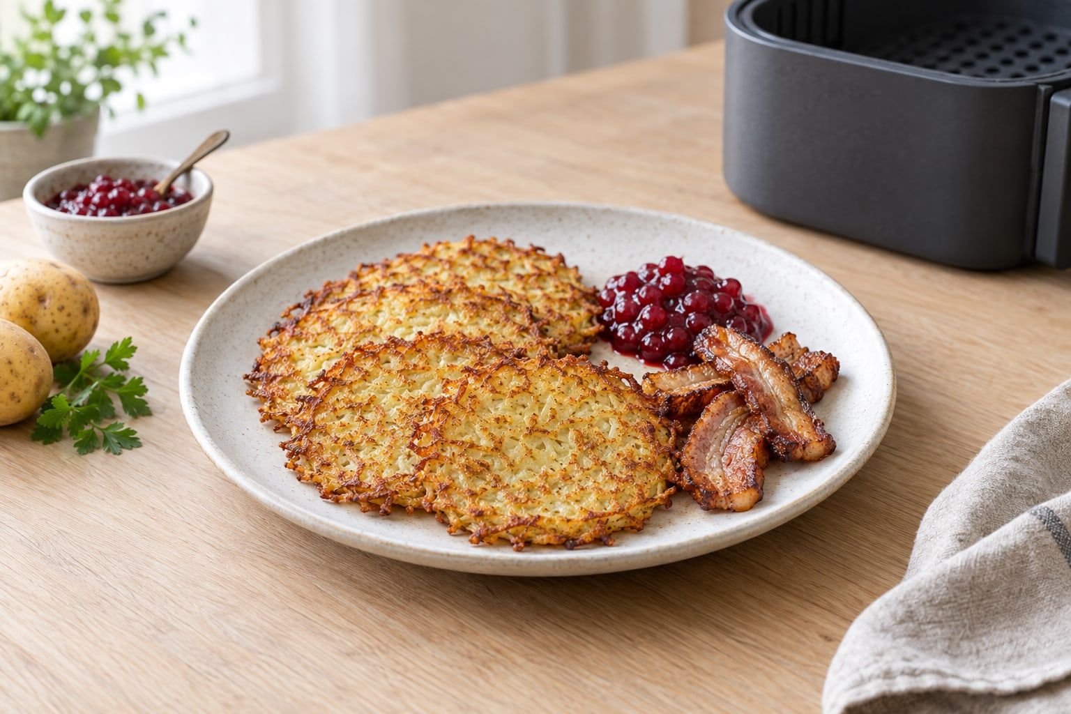 Råraka i airfryer, fyra gyllenbruna och krispiga rårakor på en vit tallrik med lingonsylt och stekt fläsk