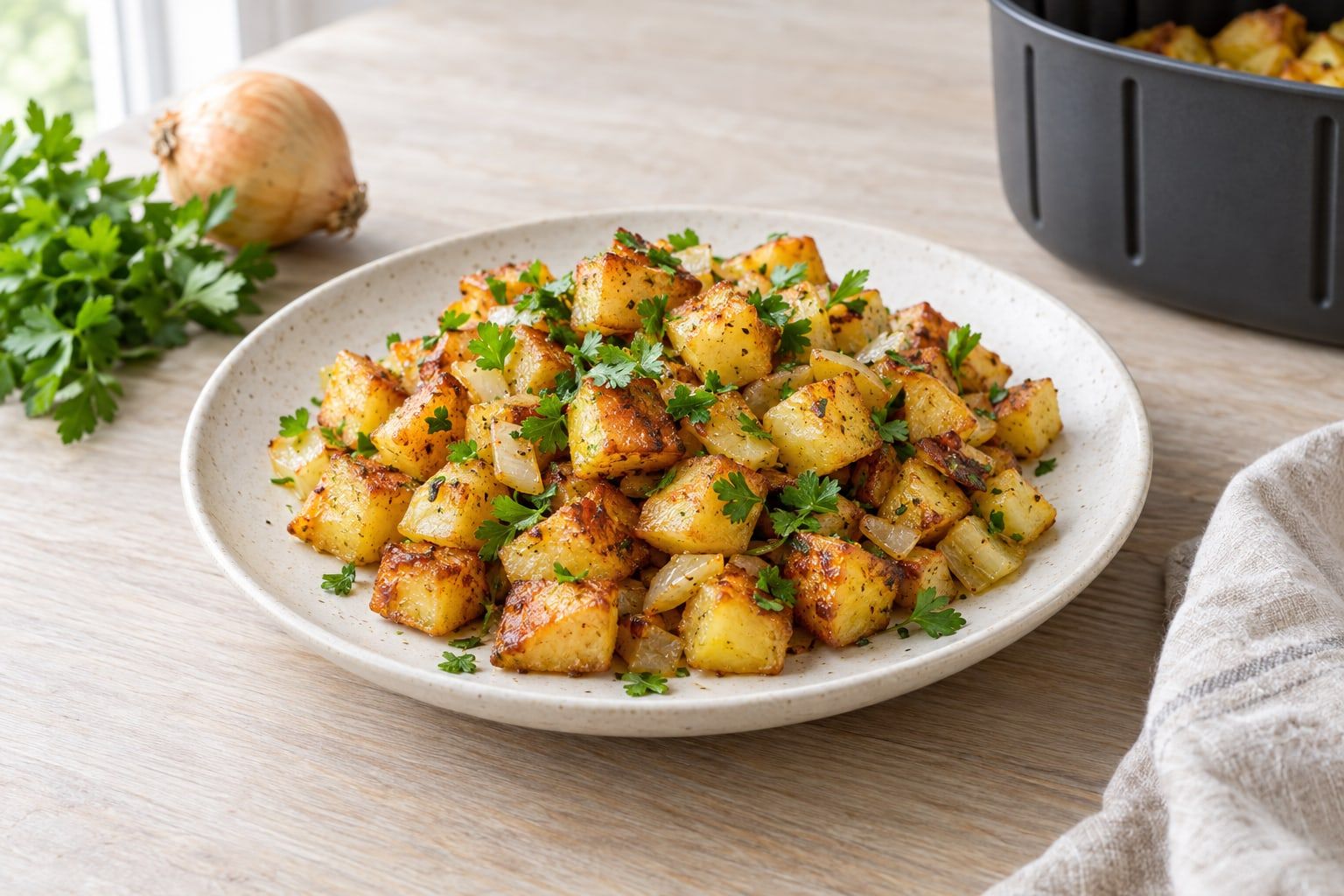 Råstekt potatis i airfryer, små gyllene tärningar med stekt gul lök och persilja på en vit tallrik
