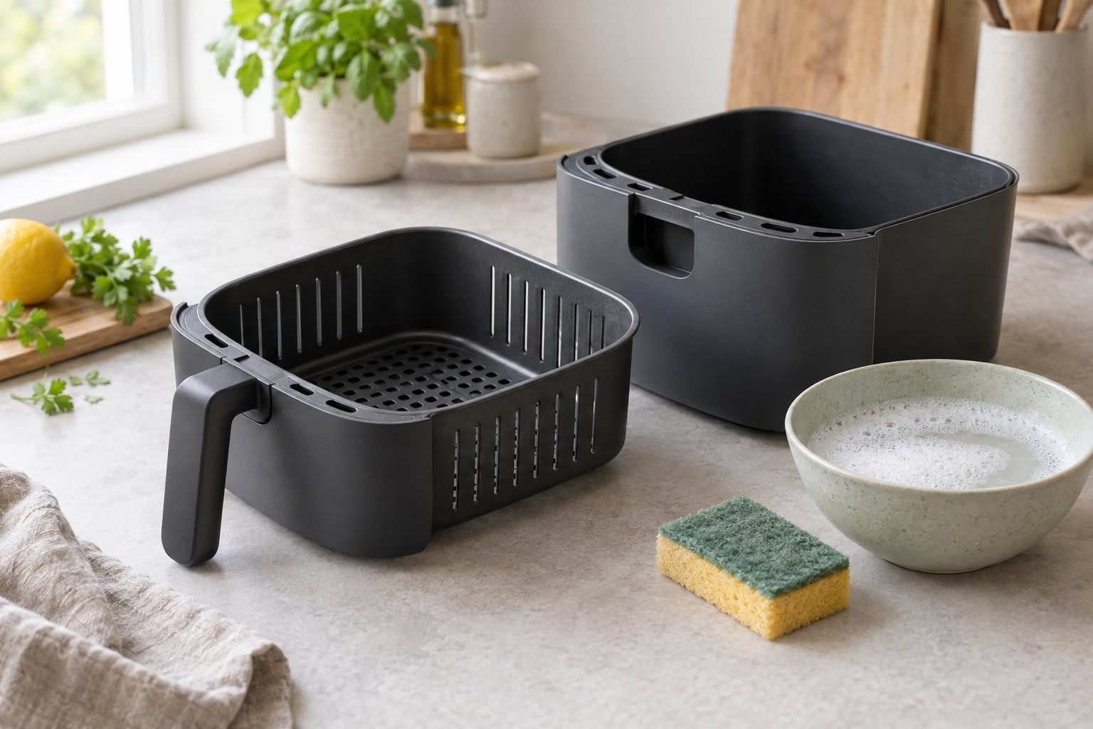 Rengöra airfryer – en urtagen korg och en mjuk svamp bredvid diskhon