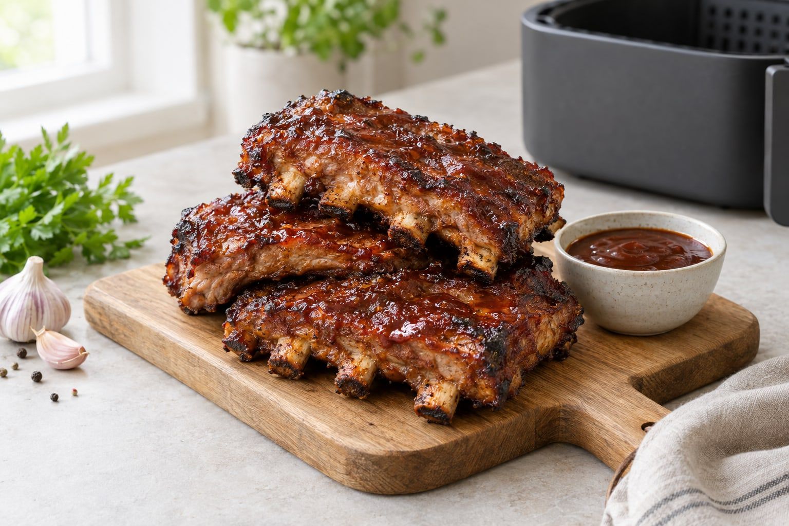Revbensspjäll i airfryer, tjocka revben med glansig BBQ-glasyr på en träbräda