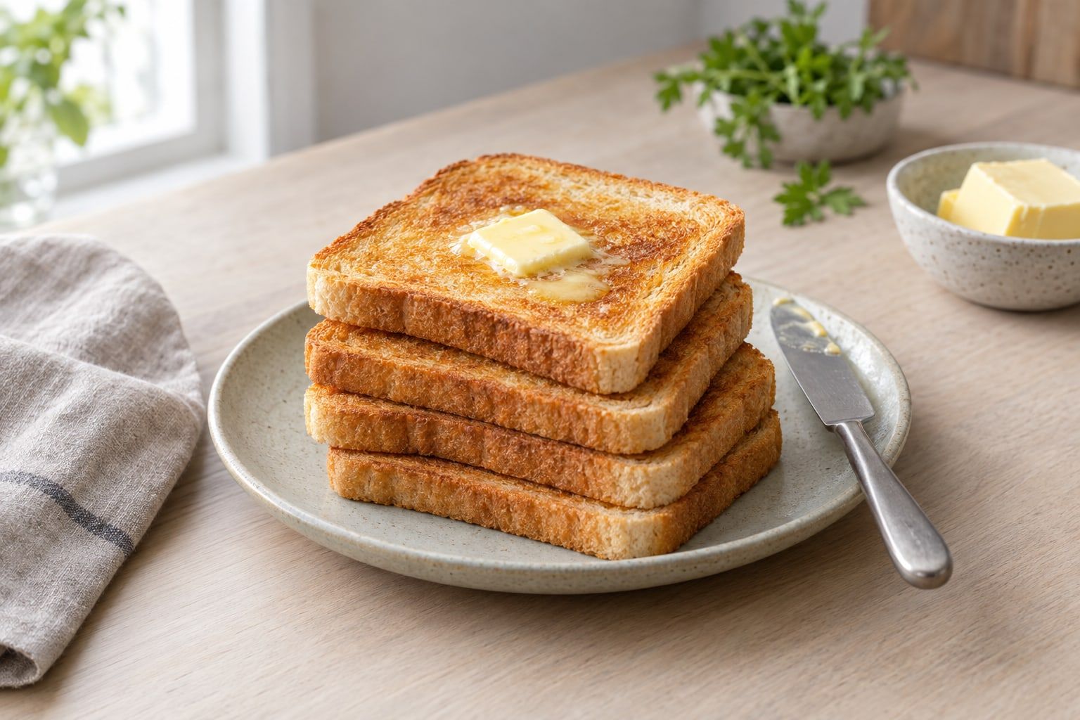 Rosta bröd i airfryer, fyra jämnt gyllene brödskivor där en har smält smör, på en liten tallrik