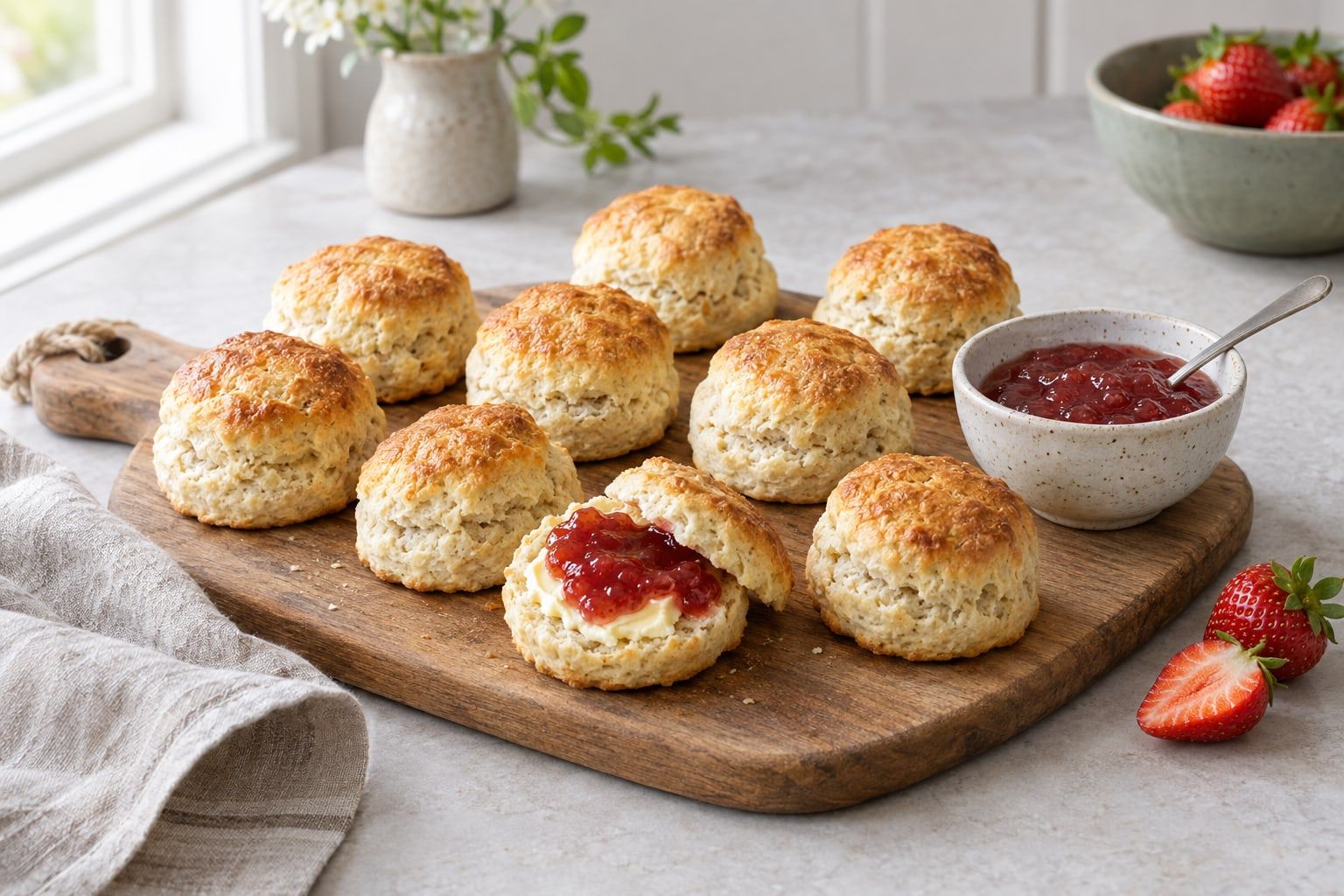 Scones i airfryer, små gyllene scones på en träbräda med smör och jordgubbssylt