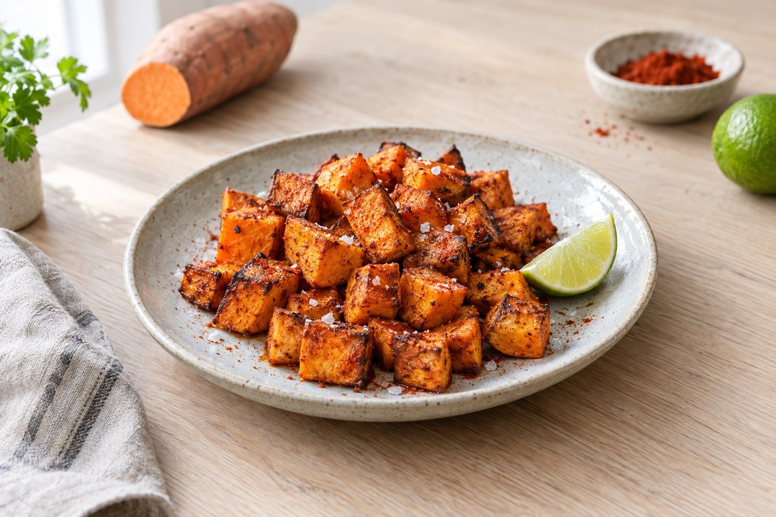 Sötpotatis i airfryer, orange tärningar med karamelliserade kanter och paprika på ett fat