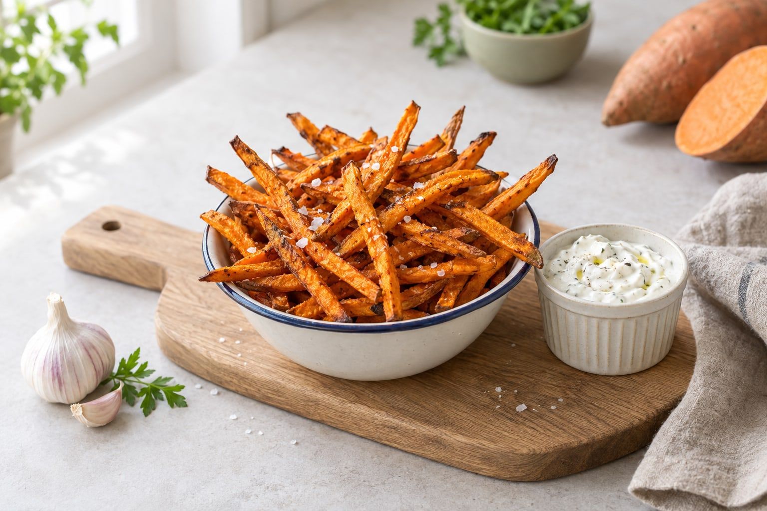 Sötpotatispommes i airfryer, orange stavar med krispiga mörka kanter i en liten skål
