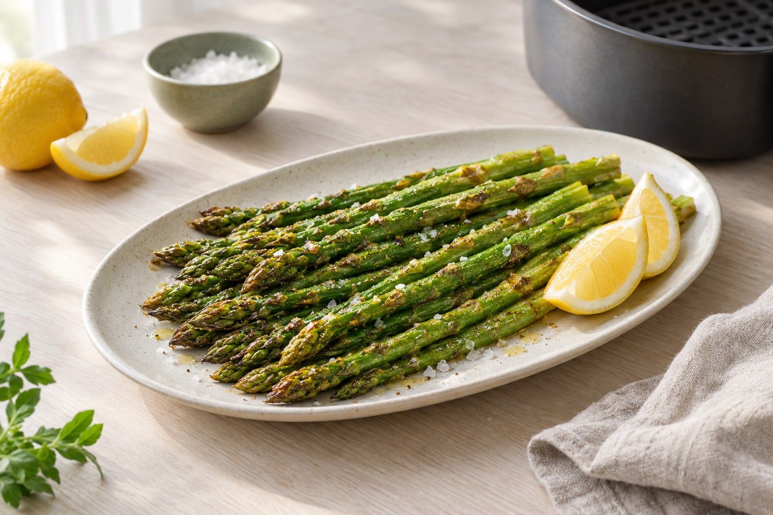 Sparris i airfryer, ljusgröna stjälkar med lätt rostade spetsar och citronklyftor