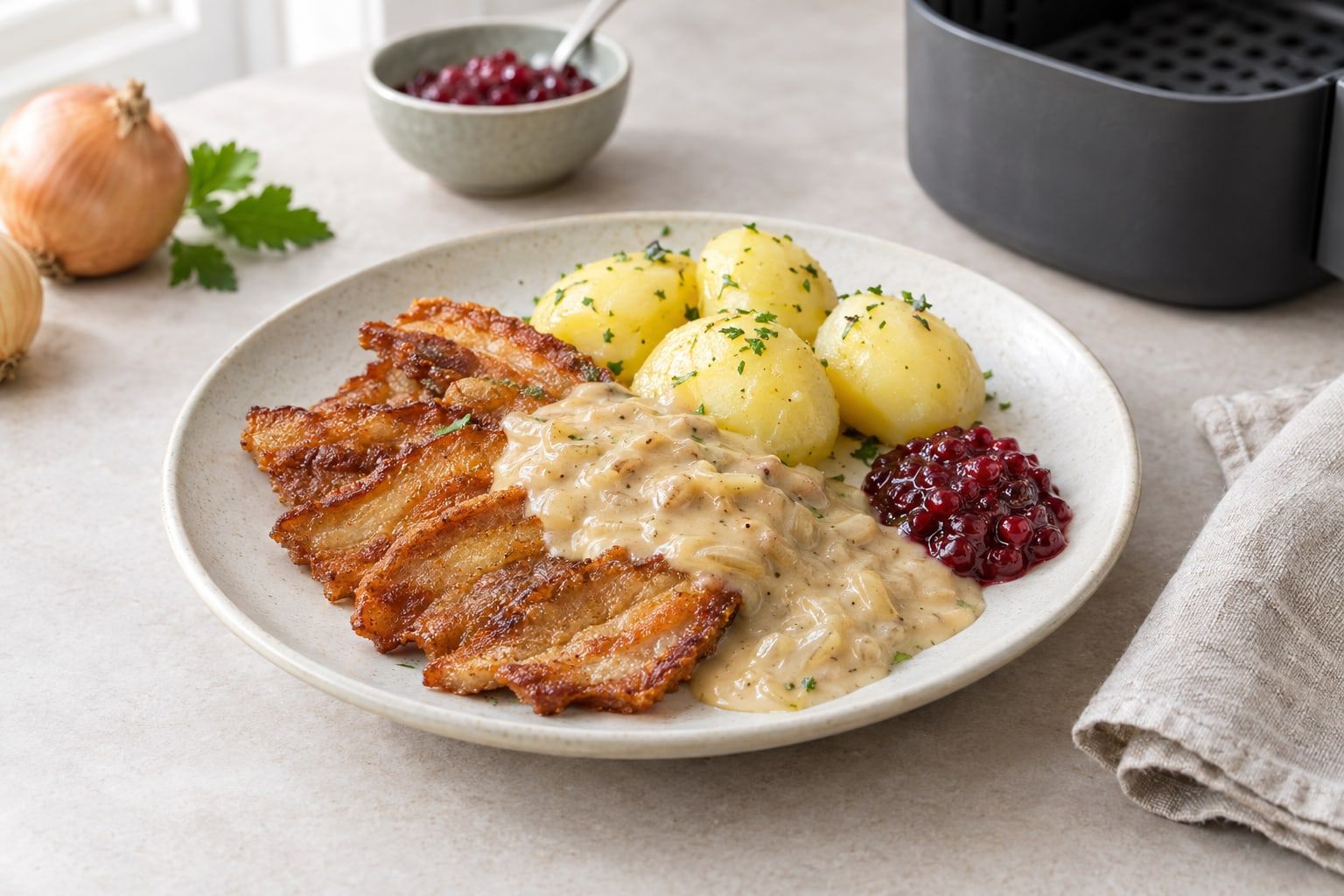 Stekt fläsk i airfryer, gyllene skivor med löksås och kokt potatis på tallrik