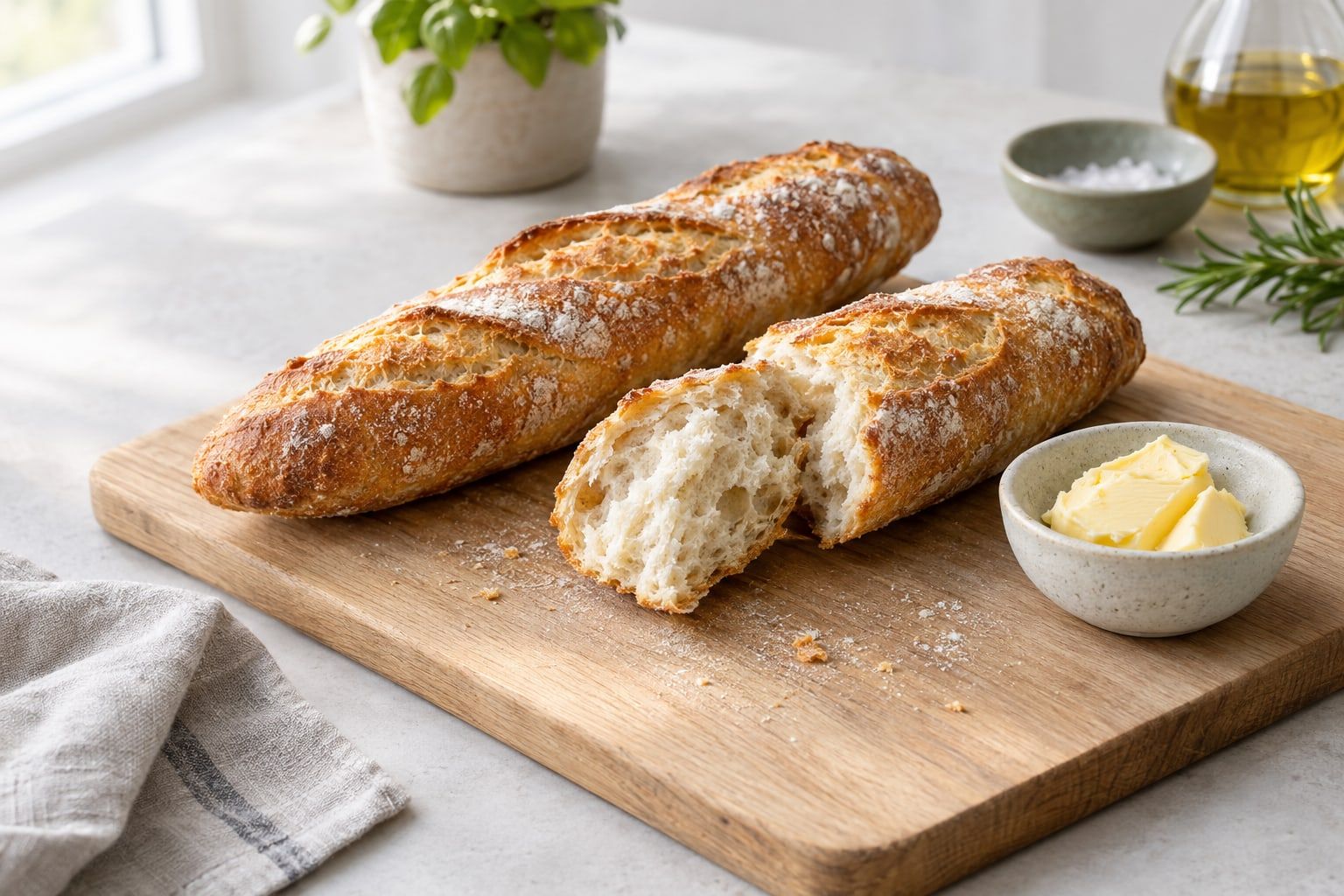 Tina bröd i airfryer, två uppvärmda baguettebitar med knaprig skorpa, en uppriven så att den mjuka smulan syns