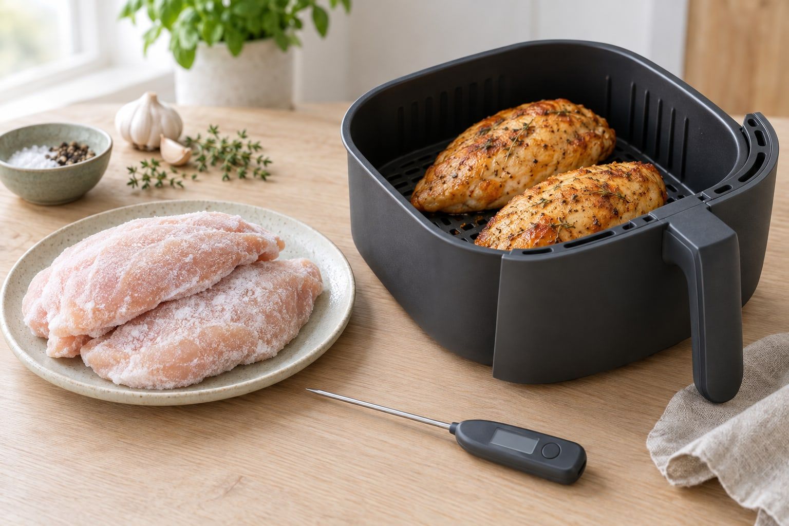 Tina kyckling i airfryer, frysta kycklingfiléer på en tallrik bredvid en airfryerkorg med gyllene färdig kyckling