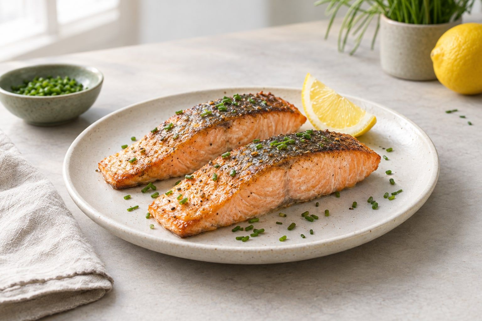Tinad lax i airfryer, två saftiga laxfiléer med gyllene skinn, citron och gräslök