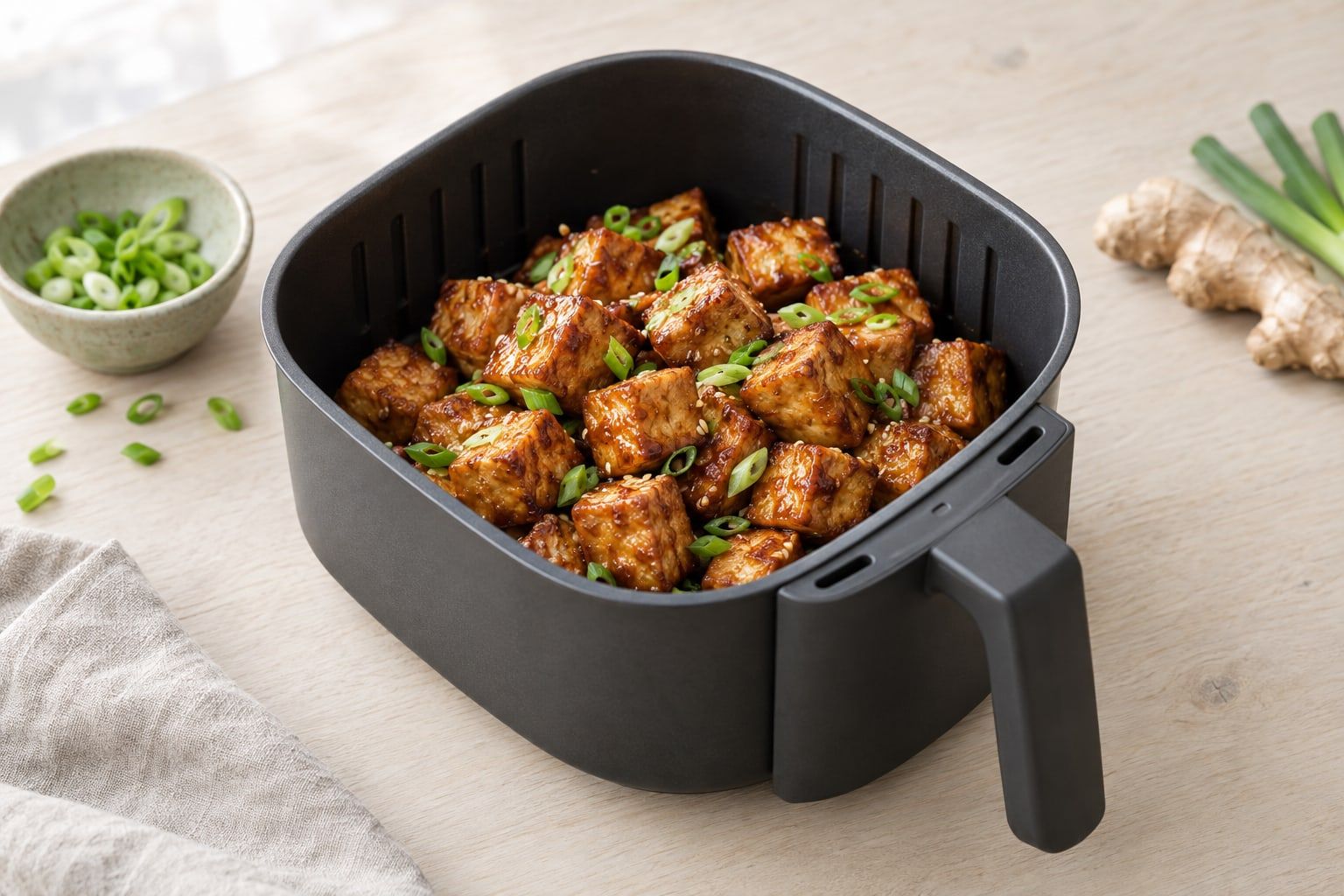 Tofu i airfryer, gyllene krispiga tofutärningar i airfryerkorgen med skivad salladslök