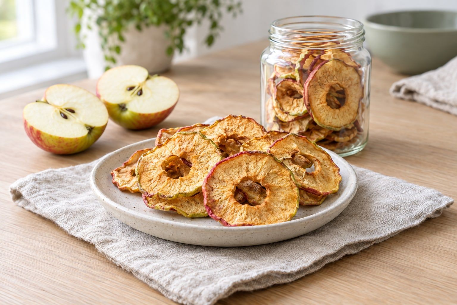 Torka äpplen i airfryer, sega gyllene äppelringar på en linneduk bredvid en glasburk med fler ringar och färska äppelhalvor