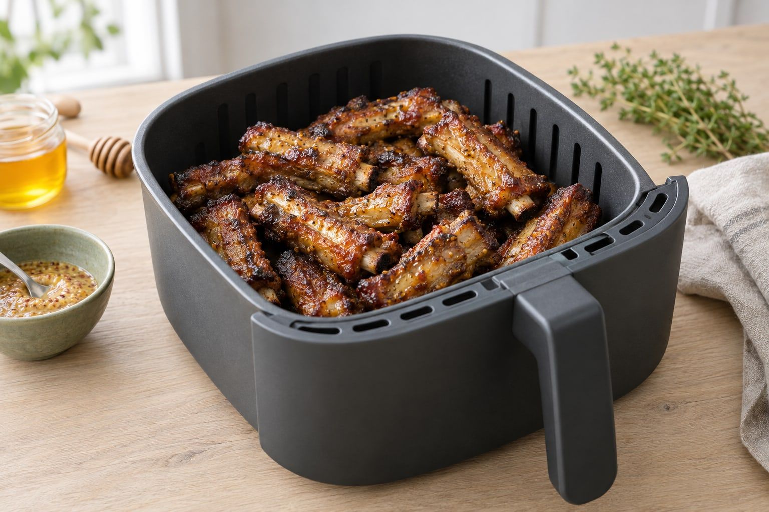 Tunna revbensspjäll i airfryer, brynta revbensbitar med tunn honungsglasyr i airfryerkorgen