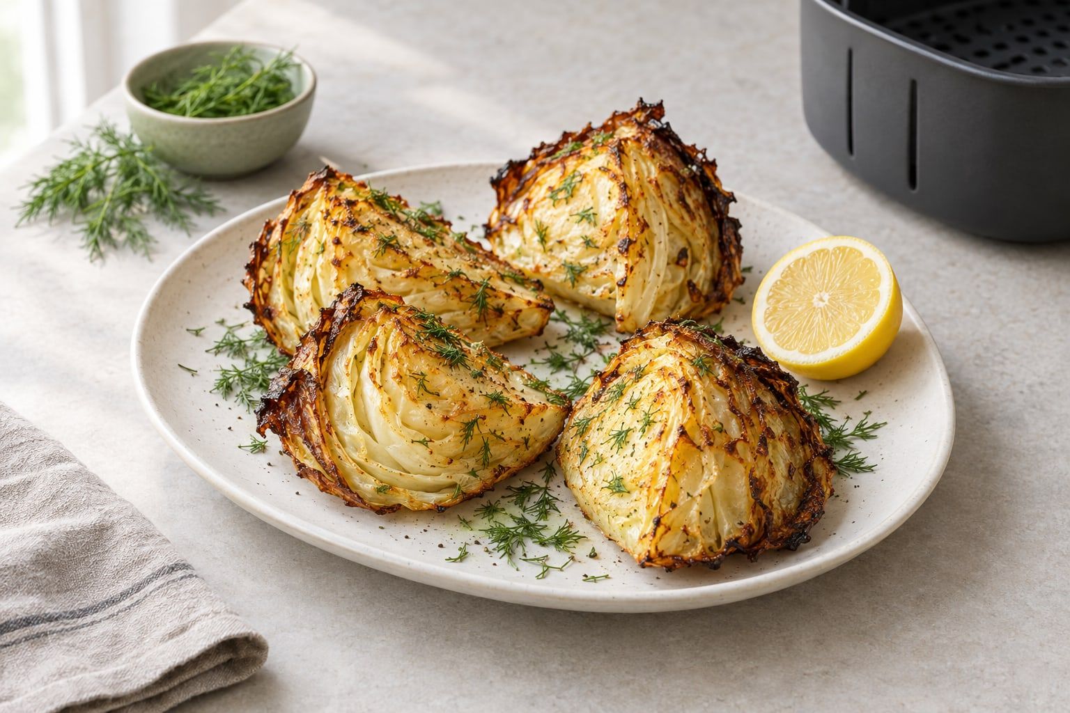 Vitkål i airfryer, rostade kilar med bruna knapriga kanter på ett fat med dill och citron